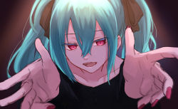 1girl :d black_bow black_shirt blue_hair bow collarbone hair_between_eyes hair_bow hatsune_miku highres long_hair nail_polish open_mouth portrait reaching reaching_towards_viewer red_eyes red_nails shireru_illust shirt smile solo twintails vocaloid