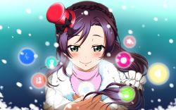 Rule 34 | 1girl, arms up, bakarayuu, blush, coat, cupping hands, fur-trimmed coat, fur trim, green eyes, hat, highres, long hair, love live!, love live! school idol festival, love live! school idol project, mini hat, mini top hat, own hands together, ponytail, purple hair, smile, snow, solo, top hat, tojo nozomi, turtleneck, upper body