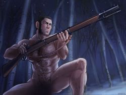 Rule 34 | 1boy, abs, arisaka, arm hair, bara, beard, black hair, blush, bolt action, buzz cut, censored, chest hair, completely nude, derivative work, embarrassed, facial hair, feet out of frame, forest, golden kamuy, gun, holding, holding gun, holding weapon, large pectorals, leg hair, long sideburns, male focus, mature male, muscular, muscular male, nature, navel, navel hair, nipples, nopinzo, nude, pectorals, pointing weapon, rifle, short hair, sideburns, snow, solo, squatting, stomach, tanigaki genjirou, thick eyebrows, thick thighs, thighs, very short hair, weapon