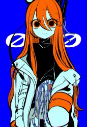 Rule 34 | 1girl, a.i. voice, absurdres, adachi rei, alternate hair length, alternate hairstyle, android, black shirt, blue background, cable, closed mouth, drawstring, eyes visible through hair, hair between eyes, hashtag-only commentary, headset, high contrast, highres, ichiki (1 09), jacket, long hair, long sleeves, looking at viewer, midriff peek, off shoulder, open clothes, open jacket, orange eyes, orange hair, shirt, simple background, smile, solo, straight hair, turtleneck, upper body, utau, white jacket