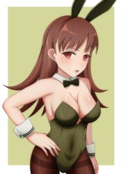 Rule 34 | 1girl, animal ears, bare shoulders, bell shireikan, blush, bow, bowtie, breasts, brown eyes, brown hair, brown pantyhose, cleavage, covered navel, detached collar, fake animal ears, green leotard, hand on own hip, highres, kantai collection, leotard, long hair, looking at viewer, medium breasts, ooi (kancolle), open mouth, pantyhose, playboy bunny, rabbit ears, solo, strapless, strapless leotard, traditional bowtie, wrist cuffs