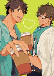 Rule 34 | 2boys, arash (fate), bespectacled, black hair, brown eyes, brown hair, casual, coffee cup, cup, dark skin, dark-skinned male, disposable cup, earrings, fate/prototype, fate/prototype: fragments of blue and silver, fate (series), glasses, heart, heart of string, holding, holding cup, hood, hoodie, jacket, jacket on shoulders, jewelry, multiple boys, ozymandias (fate), tatsuta age, yellow eyes