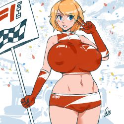 Rule 34 | 1girl, 2018, absurdres, aurahack, bare shoulders, blonde hair, blue eyes, breasts, commentary, confetti, copyright request, cowboy shot, crop top, english commentary, covered erect nipples, gloves, highres, huge breasts, midriff, navel, parted lips, puffy nipples, red gloves, short hair, short shorts, shorts, sign, signature, sleeveless, smile, solo, standing