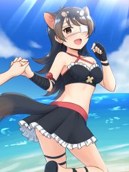 Rule 34 | 1girl, :d, absurdres, australian devil (kemono friends), bare shoulders, beach, black eyes, black hair, black skirt, blush, breasts, commentary, day, eyepatch, fang, frilled skirt, frills, halterneck, holding hands, hand wraps, highres, interlocked fingers, kemono friends, long hair, looking at viewer, medical eyepatch, medium breasts, midriff, open mouth, out of frame, outdoors, shiraha maru, skirt, smile, solo focus, sunlight, tasmanian devil ears, tasmanian devil tail, thigh strap, twisted torso, twitter username, wrist wrap
