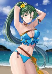 Rule 34 | 1girl, armpits, arms behind head, arms up, asymmetrical bangs, bare arms, bare legs, bare shoulders, bikini, blue bikini, blue sky, blush, breasts, cleavage, cleavage cutout, closed mouth, clothing cutout, cloud, collarbone, day, earrings, fire emblem, fire emblem: the blazing blade, fire emblem heroes, flower, green eyes, green hair, hair flower, hair ornament, head tilt, high ponytail, highres, jewelry, large breasts, lens flare, long hair, looking at viewer, lyn (fire emblem), lyn (summer) (fire emblem), midriff, navel, neck, necklace, nintendo, ocean, official alternate costume, outdoors, ponytail, sand, sky, smile, solo, standing, strapless, strapless bikini, swimsuit, thick thighs, thighs, very long hair, water, white flower, yellow flower, yui (msy1302mana)