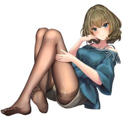 1girl blue_eyes blue_shirt blush breasts brown_pantyhose closed_mouth collarbone eyelashes feet full_body green_eyes green_hair grey_shorts hair_between_eyes hands_up highres idolmaster idolmaster_cinderella_girls knees_up legs long_legs looking_at_viewer medium_breasts medium_hair mole mole_under_eye no_shoes nyome991 pantyhose pantyhose_under_shorts see-through_clothes see-through_legwear shirt short_shorts short_sleeves shorts simple_background smile soles solo takagaki_kaede thighband_pantyhose thighs toe_scrunch toes white_background wide_sleeves