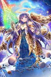 Rule 34 | 1girl, absurdly long hair, armor, armored gloves, asteroid, blending, blue background, blue dress, blue hair, breastplate, closed mouth, constellation, crescent, dress, game cg, gloves, hair intakes, halo, highres, holding, holding weapon, jupiter (planet), long dress, long hair, low wings, magia record: mahou shoujo madoka magica gaiden, mahou shoujo madoka magica, mars (planet), multiple wings, nanami yachiyo, nanami yachiyo (historia ver.), official art, planet, saturn (planet), smile, solo, rectangular halo, very long hair, weapon, weapon request, white armor, white dress, wings