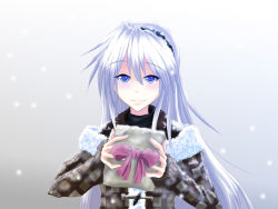 Rule 34 | 00s, 1girl, bad id, bad pixiv id, bloody moon, blue eyes, clannad, coat, gift, hairband, holding, holding gift, long hair, sakagami tomoyo, silver hair, snow, solo