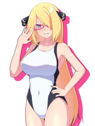 Rule 34 | 1girl, alternate breast size, alternate costume, bare arms, bespectacled, black nails, blonde hair, breasts, bright pupils, collarbone, commentary request, competition swimsuit, covered navel, cowboy shot, creatures (company), cynthia (pokemon), game freak, glasses, grey eyes, hair ornament, hand on own hip, hand up, highres, large breasts, long hair, madoka (user zrnk8278), nail polish, nintendo, one-piece swimsuit, pink-framed eyewear, pokemon, pokemon dppt, semi-rimless eyewear, smile, solo, swimsuit, white background, white one-piece swimsuit, white pupils