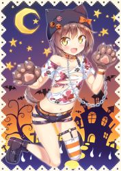 Rule 34 | 1girl, :d, animal hands, animal hat, bat (animal), blush, boots, brown hair, cat paws, collar, commentary, crescent moon, halloween, hat, hat ornament, highres, jack-o&#039;-lantern, kazuma (kazumav), midriff, moon, navel, off shoulder, open mouth, original, paw print, shirt, short hair, short shorts, shorts, smile, solo, star (symbol), strap, striped clothes, striped legwear, striped thighhighs, tail, thighhighs, torn clothes, torn shirt, wolf girl, wolf tail, yellow eyes