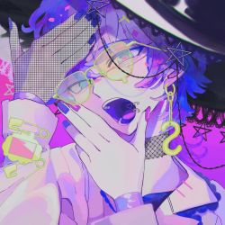 Rule 34 | blue eyes, blue nails, clothes pin, copyright request, earrings, fishnet choker, fishnet gloves, fishnets, glasses, gloves, hands up, hat, heart, heart-shaped pupils, heart in mouth, highres, jewelry, lip ring, looking at viewer, multicolored nails, nail polish, open mouth, pink nails, purple hair, purple theme, single glove, sion001250, solo, symbol-shaped pupils, teardrop-framed glasses, upper body