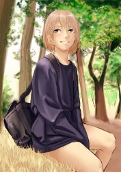 Rule 34 | 1girl, :d, absurdres, backpack, bag, blonde hair, blush, brown eyes, forest, grass, highres, kilye kairi, long sleeves, nature, open mouth, original, purple shirt, shirt, sitting, sleeves past fingers, sleeves past wrists, smile, solo, tree
