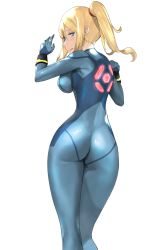 Rule 34 | 1girl, ass, ass focus, blonde hair, blue bodysuit, blue eyes, bodysuit, breasts, covered erect nipples, gloves, high ponytail, highres, impossible bodysuit, impossible clothes, j@ck, long hair, looking at viewer, metroid, mole, mole under mouth, nintendo, open mouth, ponytail, samus aran, shiny clothes, simple background, skin tight, solo, super smash bros., white background, zero suit