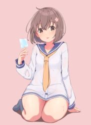 Rule 34 | 1girl, blue neckerchief, bra visible through clothes, brown eyes, brown hair, commentary request, dress, flower, food, full body, hair flower, hair ornament, highres, kantai collection, looking at viewer, ludens (inonaka koubou), neckerchief, pink background, popsicle, sailor dress, short hair, simple background, solo, sweat, tongue, tongue out, white background, yellow neckerchief, yukikaze (kancolle)
