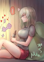 Rule 34 | ..., 1girl, ^^^, absurdres, bean bag chair, blue eyes, blush, bottle, closed mouth, curtains, emilio (tetsukazu no ao), from side, girls und panzer, grey shirt, heart, highres, holding, holding bottle, indoors, itsumi erika, legs, medium hair, on floor, red shorts, shirt, short shorts, short sleeves, shorts, silver hair, sitting, solo, spoken ellipsis, sweatdrop, t-shirt, translation request, water bottle