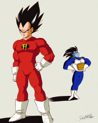 Rule 34 | 2boys, absurdres, armor, black eyes, black hair, blue skin, bodysuit, boots, colored skin, commentary request, cosplay, costume switch, crossover, dragon ball, dragonball z, freakazoid, freakazoid!, freakazoid (cosplay), frown, furrowed brow, gloves, hand on own hip, hands on own hips, highres, male focus, multiple boys, muscular, muscular male, red bodysuit, salvamakoto, signature, smile, spanish commentary, sweatdrop, vegeta, vegeta (cosplay), white footwear, white gloves, widow&#039;s peak