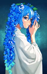 Rule 34 | 1girl, absurdres, blue eyes, blue hair, commentary, english commentary, flower, from side, hair ornament, hand up, hatsune miku, highres, hydrangea, leaf hair ornament, long hair, looking back, solo, sverhnova, twintails, upper body, vocaloid