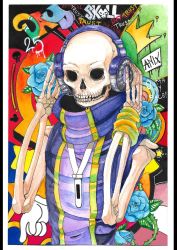 Rule 34 | 1boy, bone, crown, flower, graffiti, headphones, highres, male focus, mp3 player, sakuraba neku, skeleton, solo, solo focus, subarashiki kono sekai, yellow wristband