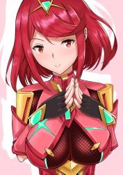 Rule 34 | 1girl, absurdres, armor, breasts, commentary request, gem, hair ornament, headpiece, highres, jewelry, large breasts, looking at viewer, nintendo, pink background, pyra (xenoblade), red eyes, red hair, short hair, simple background, smile, solo, swept bangs, theakingu, tiara, xenoblade chronicles (series), xenoblade chronicles 2