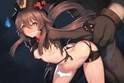 Rule 34 | 1girl, arms behind back, ass, black headwear, black shorts, blush, breasts, brown hair, crying, crying with eyes open, flower-shaped pupils, genshin impact, highres, hilichurl (genshin impact), hu tao (genshin impact), huge penis, interspecies, large insertion, long hair, monster, nipples, penis, rape, red eyes, rikume, sex, shiny skin, shorts, small breasts, solo focus, standing, standing sex, stomach bulge, symbol-shaped pupils, tears, torn clothes, torn shorts, twintails, vaginal