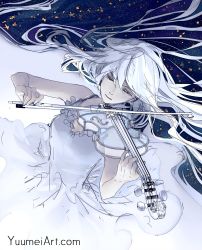 Rule 34 | 1girl, closed eyes, dress, glass, highres, instrument, original, sky, solo, star (sky), starry sky, unfinished, violin, white dress, white hair, yuumei