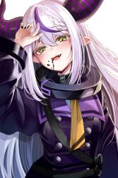 Rule 34 | 1girl, absurdres, ahoge, ascot, black horns, black nails, blush, braid, braided bangs, coat, coat dress, collar, fangs, highres, hololive, horns, la+ darknesss, la+ darknesss (1st costume), looking at viewer, metal collar, mika uni, multicolored hair, nail polish, open mouth, pointy ears, purple coat, purple hair, smile, solo, streaked hair, striped horns, virtual youtuber, yellow ascot, yellow eyes