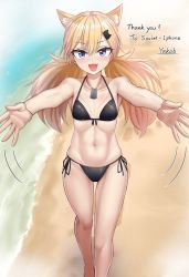 Rule 34 | 1girl, :d, animal ears, beach, bikini, black bikini, blonde hair, blue eyes, breasts, cat ears, cat hair ornament, commentary, commission, dog tags, english commentary, english text, extra ears, fang, feet out of frame, front-tie bikini top, front-tie top, girls&#039; frontline, hair between eyes, hair ornament, halterneck, idw (girls&#039; frontline), long hair, looking at viewer, navel, open hands, open mouth, outdoors, outstretched arms, reaching, reaching towards viewer, sand, shirt, side-tie bikini bottom, skeb commission, skin fang, small breasts, smile, solo, swimsuit, twintails, yakob labo