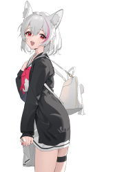 Rule 34 | 1girl, :d, absurdres, animal ear fluff, animal ears, backpack, bag, black jacket, bow, breasts, dress, grey hair, hair between eyes, highres, jacket, linnnp, long sleeves, looking at viewer, looking to the side, medium breasts, multicolored hair, nail polish, open clothes, open jacket, open mouth, original, pink hair, red bow, red eyes, red nails, sailor collar, sailor dress, simple background, skirt hold, sleeves past wrists, smile, solo, streaked hair, white background, white dress, white sailor collar, wolf ears