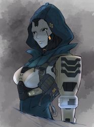 Rule 34 | 1girl, absurdres, android, apex legends, ash (titanfall 2), black sclera, colored sclera, cropped torso, expressionless, glowing, glowing eyes, highres, hood, hood up, lenasy, looking to the side, orange eyes, science fiction, simulacrum (titanfall), solo, upper body