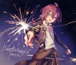 Rule 34 | 1boy, :d, ahoge, aiguillette, armor, black choker, bracelet, choker, clothes around waist, clothing cutout, commentary request, dated, fireworks, genshin impact, green eyes, hair between eyes, happy, happy birthday, highres, holding, holding fireworks, japanese armor, jewelry, kote, kurokote, long hair, looking at viewer, male focus, mole, mole under eye, multicolored hair, multiple moles, night, night sky, open mouth, outdoors, outstretched arm, parted bangs, red hair, shikanoin heizou, shirt, side cutout, sideless outfit, sidelocks, sky, sleeveless, sleeveless shirt, smile, solo, sparkler, standing, star (sky), starry sky, streaked hair, white shirt, y0moru