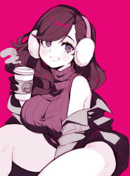 Rule 34 | 1girl, bare shoulders, beryl (junkpuyo), breasts, coffee, earmuffs, grin, highres, jacket, jacket partially removed, large breasts, parororo, red background, sitting, sleeveless, smile, solo, sweater, thighs, turtleneck, turtleneck sweater