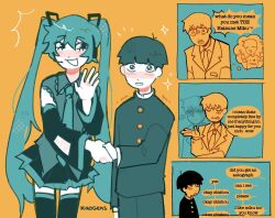 Rule 34 | 1girl, 2boys, artist name, blunt bangs, blush, closed eyes, comic, commentary, crossover, detached sleeves, english commentary, english text, formal, gakuran, hand up, handshake, hatsune miku, headset, highres, kageyama shigeo, kaogens, long hair, long sleeves, looking at another, mob psycho 100, monochrome, multiple boys, necktie, open mouth, orange background, reigen arataka, school uniform, shirt, short hair, simple background, skirt, sleeveless, sleeveless shirt, smile, sparkle, speech bubble, standing, suit, thighhighs, thought bubble, twintails, very long hair, vocaloid