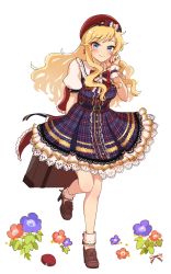 Rule 34 | 1girl, bag, beret, blonde hair, blue eyes, blush, brown footwear, center frills, dress, flower, frills, full body, grk 11601, hat, highres, holding, holding bag, idolmaster, idolmaster cinderella girls, lace, lace-trimmed dress, lace trim, long hair, looking at viewer, nail polish, ohtsuki yui, plaid, plaid dress, platform footwear, puffy short sleeves, puffy sleeves, red hat, short sleeves, simple background, smile, solo, standing, standing on one leg, wavy hair, white background, wrist cuffs