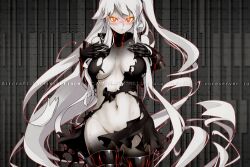 Rule 34 | 1girl, abyssal ship, aircraft carrier princess, armored boots, black dress, black sailor collar, black skin, blush, boots, breasts, character name, closed mouth, colored skin, copyright name, dress, glowing, glowing eyes, gradient skin, grey skin, highres, kantai collection, large breasts, long hair, looking at viewer, one side up, oso (toolate), pale skin, red eyes, sailor collar, simple background, solo, sweat, thigh boots, torn clothes, torn dress, very long hair, watermark, web address, white hair
