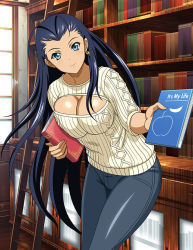 Rule 34 | 1girl, antenna hair, black hair, blue eyes, bookshelf, breasts, cleavage, cleavage cutout, closed mouth, clothing cutout, earrings, grey pants, holding, ikkitousen, indoors, jewelry, kakouen myousai, large breasts, leaning forward, library, long hair, long sleeves, looking at viewer, magatama, magatama earrings, pants, ribbed sweater, smile, solo, straight hair, sweater, very long hair, white sweater