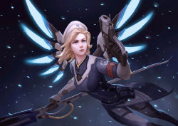 Rule 34 | 1girl, absurdres, alternate hairstyle, armband, beret, blonde hair, blue background, blue bodysuit, blue eyes, blue wings, bodysuit, breasts, combat medic ziegler, cowboy shot, dual wielding, finger on trigger, flying, fog, gloves, glowing, glowing wings, gun, handgun, hat, highres, holding, holding gun, holding staff, holding weapon, light particles, lips, logo, long sleeves, mechanical wings, mercy (overwatch), nose, official alternate costume, overwatch, overwatch 1, patch, pink lips, pistol, serious, short hair, small breasts, solo, spread wings, staff, weapon, white hat, wings, zhong lin