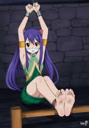 Rule 34 | 1girl, absurdres, barefoot, bdsm, blue hair, bondage, bound, bound ankles, bound wrists, breasts, brown eyes, chain, chained, chained wrists, cloth gag, fairy tail, gag, gagged, highres, improvised gag, legs, over the mouth gag, shadow xcp, wendy marvell