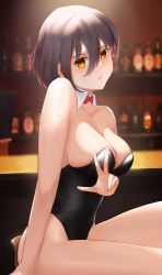 Rule 34 | 1girl, absurdres, alcohol, animal ears, bar (place), bare legs, black leotard, bow, bowtie, breasts, brown hair, chinese commentary, cleavage, commentary request, counter, cowboy shot, detached collar, highres, kom-fan, large breasts, leotard, liquor, original, playboy bunny, red bow, red bowtie, shelf, short hair, sitting, solo, strapless, strapless leotard, yellow eyes