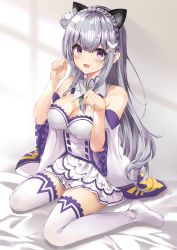 Rule 34 | 1girl, :d, absurdres, animal ears, bare shoulders, blush, braid, breasts, cat ears, cleavage, commentary request, detached sleeves, dress, emilia (re:zero), fake animal ears, fang, flower, frills, hair flower, hair ornament, hands up, highres, huge filesize, large breasts, long hair, looking at viewer, miniskirt, no shoes, open mouth, paw pose, pleated skirt, pointy ears, purple eyes, re:zero kara hajimeru isekai seikatsu, shizuku (shizukusushi), silver hair, sitting, skirt, smile, solo, thighhighs, wariza, white dress, white skirt, white sleeves, white thighhighs, wide sleeves, zettai ryouiki