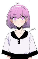 Rule 34 | 1girl, :3, ahoge, hairband, highres, j.k., looking at viewer, original, pink eyes, pink hair, shirt, short hair, short sleeves, signature, simple background, smile, solo, upper body, white background, white hairband, white shirt