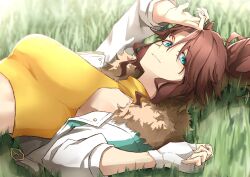 Rule 34 | 1girl, animal ears, blue eyes, breasts, brown hair, commentary request, cowboy shot, crop top, cropped jacket, gradient background, grass, grin, hair between eyes, highres, horse ears, horse girl, jacket, looking at viewer, luna (gkluna mas), lying, medium breasts, mejiro palmer (umamusume), midriff, on back, on grass, open clothes, open jacket, ponytail, shirt, short hair, sleeveless, sleeveless turtleneck, smile, solo, standing, stomach, tail, turtleneck, umamusume, upper body, white jacket, yellow shirt
