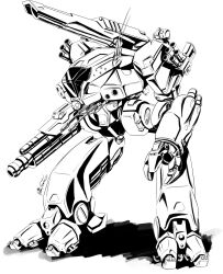 Rule 34 | arm cannon, battletech, cannon, commentary, commission, energy cannon, english commentary, gloomflower, gun, highres, ink (medium), machine gun, machinery, macross, mecha, missile pod, monochrome, muzzle, no humans, original, radio antenna, robot, robotech, science fiction, shadow, shoulder cannon, signature, smoke grenade launcher, traditional media, walker (robot), weapon, white background