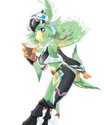 Rule 34 | 1girl, alternate body size, bird, claws, crop top, detached sleeves, drinking, drinking straw, drinking straw in mouth, feather hair, feathers, finch (xenoblade), fur collar, gem, goggles, goggles on head, highres, long hair, monster girl, nintendo, simple background, solo, taiyaki (powan po40), talons, toeless legwear, triangle mouth, white background, xenoblade chronicles (series), xenoblade chronicles 2