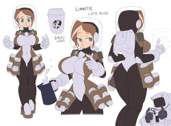 Rule 34 | 1girl, aqua eyes, astronaut, barleyshake, bodysuit, breasts, brown hair, covered navel, cup, english text, fishbowl helmet, gloves, half-closed eyes, large breasts, milk, multicolored hair, multiple views, original, pitcher (container), signature, simple background, smile, streaked hair, white background, white gloves