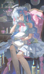 1girl absurdly_long_hair angel_wings bare_shoulders blue_eyes blue_hair bored bow bowtie broken_heart candle_hair_ornament chinese_commentary collar commentary_request commission cross-laced_clothes cross-laced_dress cup detached_collar detached_sleeves double_bun dress eyelashes feet_out_of_frame fire frilled_collar frilled_dress frilled_sleeves frilled_wrist_cuffs frills gloves gradient_hair hair_between_eyes hair_bow hair_bun hair_ornament halo hand_on_own_cheek hand_on_own_face head_tilt head_wings heart heart_hair_ornament highres holding holding_stuffed_toy index_finger_raised long_hair looking_at_viewer melting_halo multicolored_hair on_chair original parted_lips pink_bow pink_bowtie pink_hair plate sample_watermark shelf short_dress short_sleeves sitting solo strapless strapless_dress stuffed_animal stuffed_cat stuffed_toy table teacup very_long_hair watermark white_collar white_dress white_gloves white_halo white_sleeves white_wings white_wrist_cuffs wings wrist_cuffs yitie_gaoyao