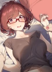 Rule 34 | 1boy, 1girl, 92m, absurdres, ahoge, anger vein, bare shoulders, blush, breasts, brown eyes, brown hair, brown shirt, collarbone, glasses, highres, holding another&#039;s wrist, kinshi no ane (92m), large breasts, lying, navel, off shoulder, on back, open mouth, original, shirt, short hair, swept bangs