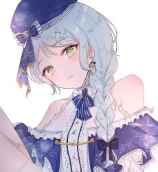 Rule 34 | 1girl, bad id, bad pixiv id, bang dream!, bare legs, bare shoulders, beret, blue hair, blue hat, blue shirt, blush, braid, clothing cutout, commentary, constellation hair ornament, constellation print, earrings, expressionless, frilled shirt, frills, gemini (constellation), green eyes, hat, head tilt, highres, hikawa sayo, jewelry, knee up, long hair, looking at viewer, looking down, shain, shirt, shoulder cutout, sidelocks, simple background, solo, symbol-only commentary, upper body, white background