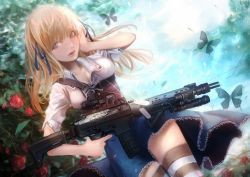 Rule 34 | 1girl, ak5c, ak 5, alice (alice in wonderland), alice in wonderland, angled foregrip, assault rifle, between breasts, blonde hair, breasts, bug, butterfly, dog tags, eotech, fn fnc, gun, gun sling, hair ribbon, insect, koh (minagi kou), long hair, md5 mismatch, ribbon, rifle, skirt, solo, strap, strap between breasts, thighhighs, weapon
