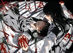 Rule 34 | 2girls, black dress, black hair, black socks, blood, blood on face, blood on hands, bloody weapon, chainsaw man, commentary, cross tattoo, dress, fourth east high school uniform, grin, highres, holding hands, long hair, long sleeves, looking at another, low twintails, lying, mitaka asa, multiple girls, orange hair, pinafore dress, planted, planted sword, planted weapon, ringed eyes, scar, scar on face, school uniform, segami, shirt, shoes, sleeveless, sleeveless dress, smile, socks, sword, symbol-only commentary, twintails, weapon, white footwear, white shirt, yellow eyes, yoru (chainsaw man)