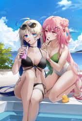 Rule 34 | 2girls, absurdres, ahoge, barefoot, bikini, black bikini, black choker, blue eyes, blue nails, blue sky, bracelet, breasts, butterfly tattoo, choker, cleavage, cloud, collarbone, commentary request, commission, cup, drinking, drinking glass, drinking straw, drinking straw in mouth, ear piercing, eyewear on head, facial tattoo, flower, hair flower, hair ornament, hairclip, highres, index finger raised, jewelry, kneeling, large breasts, leg tattoo, looking at another, looking at viewer, mismatched bikini, mole, mole under eye, multi-strapped bikini, multicolored nails, multiple girls, nail polish, naru 0, open mouth, original, piercing, pink eyes, pink flower, pink hair, pink nails, pink rose, pixiv commission, pool, poolside, raised eyebrows, rose, rubber duck, silver hair, sitting, skindentation, sky, sunglasses, swimsuit, tattoo, thigh strap, toenail polish, toenails, water, wet